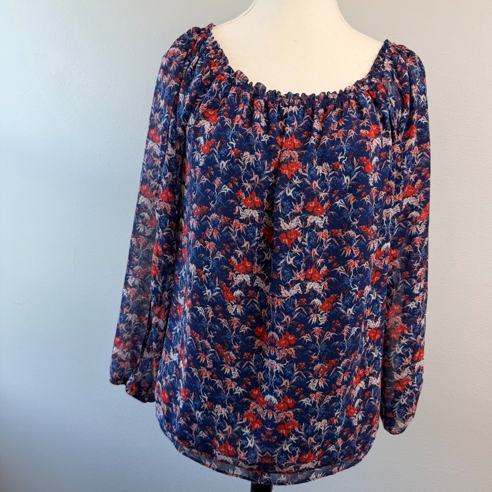Sanctuary Small Floral Smocked Off Shoulder Blouse Blue Red Boho Top